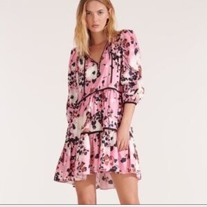 Veronica Beard Hawken Tiered Floral Print Ruffle Silk Blend Dress Pink Size 6